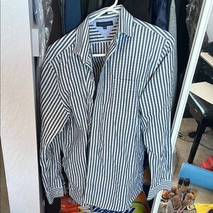 Tommy Hilfiger Blue and White Striped Casual Button Down Shirt